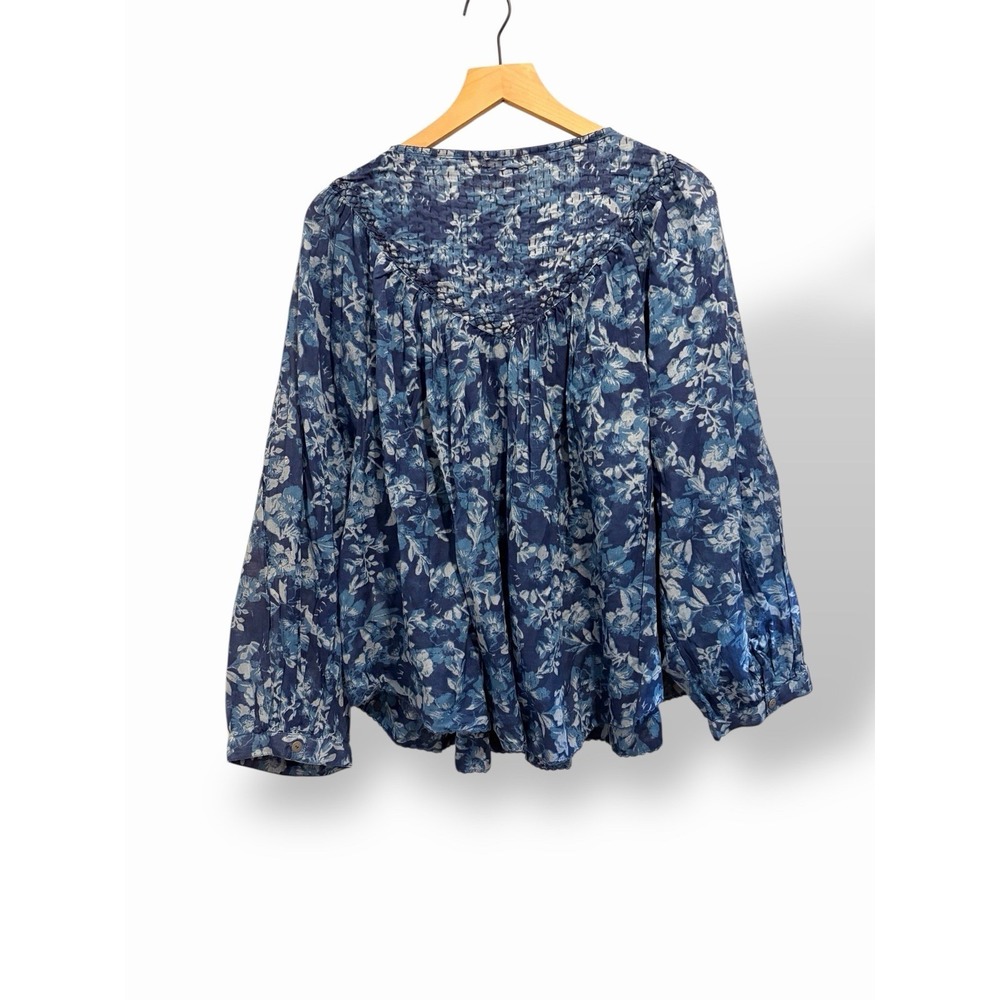 We The Free Blue Floral Peasant Top Medium Oversized Boho Button Front Stitching - Picture 4 of 16